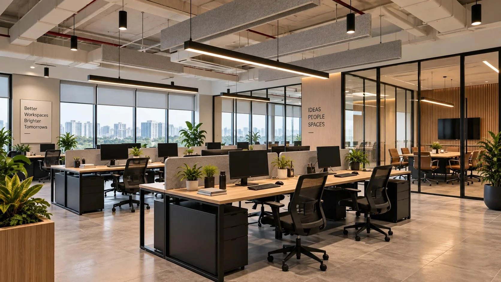 Completed modern open office interior with workstations and glass meeting rooms